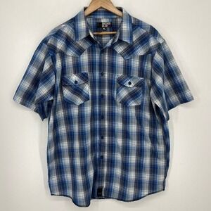 Anchor Blue Mens XL Western Short Sleeve Plaid Snap Front Shirt Blue White Y2K